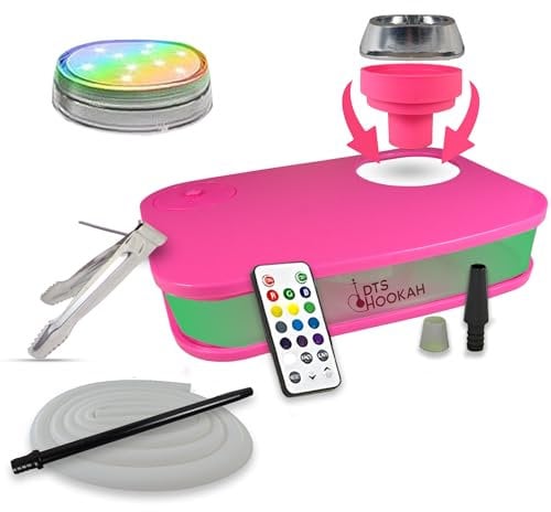 DTS HOOKAH | Chicha Kit Complet avec LED, Télécommande et Tuyau Silicone | Shisha Hookah Design Portable en Acrylique | Système Chauffe Charbon Naturel | Pack Chicha Complet Voiture (Pink)