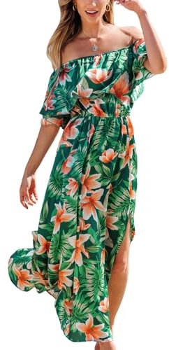 CUPSHE Kleid für Damen, Sommer, A-Form, schulterfrei, Maxilang, Rüschen, tailliert, tropischer Druck, Grün Tropical, XS