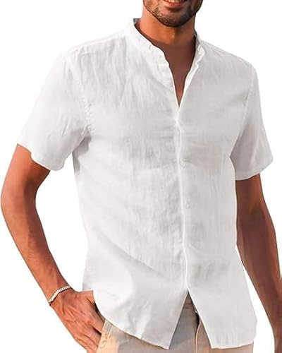 Runcati Camisa de lino para hombre, de manga corta, casual, de ajuste regular, para playa, lisa, casual, blanco, L