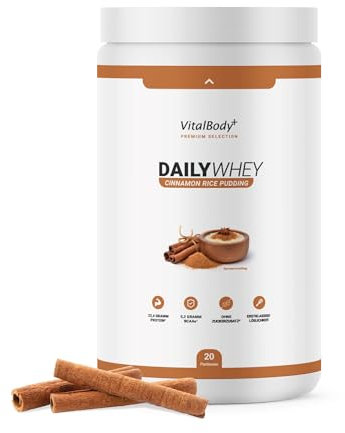 VitalBodyPLUS DailyWhey, Cinnamon Rice Pudding, 600 g, Whey Protein Pulver, bis zu 22 g Protein pro Portion, Ideal zum Muskelaufbau und -erhalt, Made in Germany