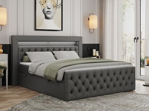 MKS MEBLE Boxspringbett 160x200 mit Led Grau Kunstleder, Bett Polsterbett 160x200 mit LED Kopfteil, Multipocket Matratze H3, Doppelbett mit Bettkasten Stauraumbett - Gold-9 - Dunkelgrau Kunstleder