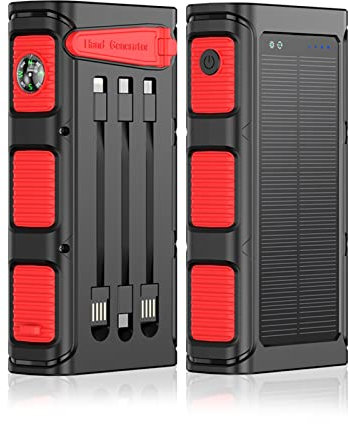Generador portátil, Banco de energía Solar con manivela Manual 30000mAh con Cable Que acampa Luz PD 20W Powerbank de Carga rápida para Acampar en casa al Aire Libre(Size:30000mAh,Color:Rot)