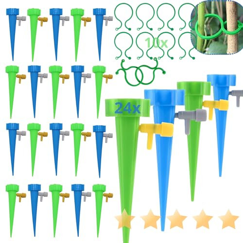PrimeCode 24 Riego por Goteo +10 Clips de Soporte para Plantas, para Macetas. Automatico, Flujo Ajustable