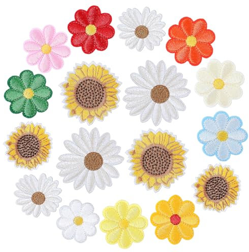 17 Stück Blumen Patches zum Aufbügeln Groß Kleider Stickerei Gänseblümchen Sonnenblumen Bügelbilder Nähflicken Blumen Aufnäher Bügelflicken Kinder für Rucksäcke Hüte Jeansflicken Draufbügeln Jacken