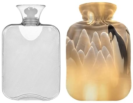SKYSHU Wärmflasche mit Pinguin-Motiv, transparent, auslaufsicher, waschbar, hitzebeständig, mit weichem Plüschbezug, für Menstruationskrämpfe, Nacken- und Schulterschmerzen