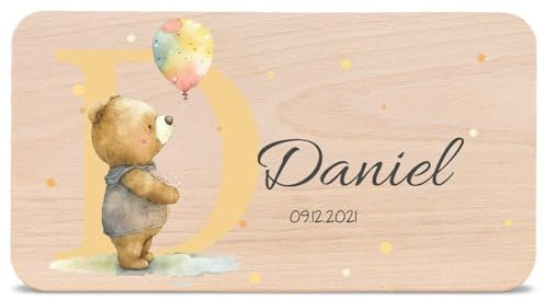 GRAVURZEILE - Bedrucktes Frühstücksbrettchen aus Holz - Initial - Personalisiert mit Namen - Lebensmittelechter umweltfreundlich zertifizierter Druck (GreenGuard Gold) - Farbe: Bär