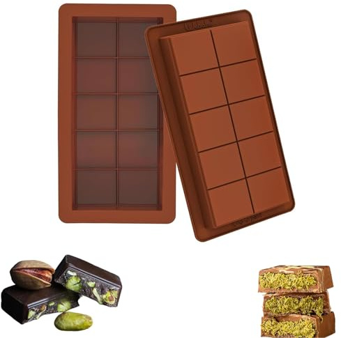 YUZHEDM 2 Moldes de Silicona para Chocolate de 10 Cavidades, Molde Antiadherente Libre de BPA para Hacer Tabletas y Barras de Chocolate Dubai, Resistente al Calor para Repostería