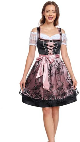 Jecarden Dirndl Damen Midi Trachtenkleid Damen Dirndlkleid mit Spitze Trachtenmode inkl. Dirndlbluse Dirndlschürze 3 teilig für Oktoberfest Karneval Besondere Anlässe (34-50) (Schwarz, 46)