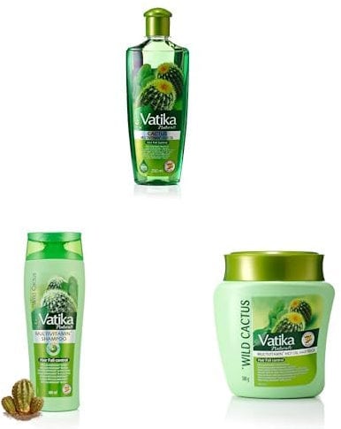 Vatika Naturals Cactus Enriched Hair Oil (200ml) + Shampoo (400ml) + Hair Mask (500g) Set For Hair fall control | Enriched With goodness of Cactus, Garlic, Ghergir | Blended With Vital Multivitamins