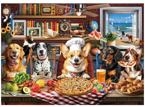 Dogs Pizza Party Jigsaw Puzzle, 1000 Pieces Puzzles for Adults, with Reference Poster
