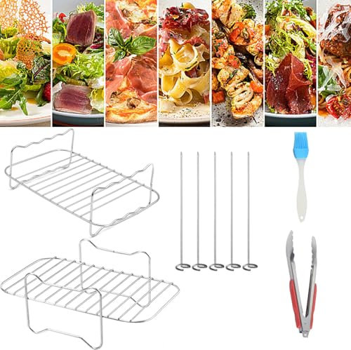 2pcs Air Fryer Rack, Double Layer Rack Air Fryer Accessories Air Fryer Rack Stainless Steel Airfryer Rack with 4 Skewers and Brush with Ninja Dual AF300UK AF400UK Reusable Skewers for Most Grill Oven