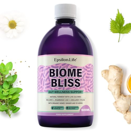 Biome Bliss Complete Gut Repair Probiotic Drink with Saccharomyces Boulardii & Live Bacterial Cultures | Natural Probiotics for Gut Health | Naturally Fermented | Apple Juice & Honey | 25 Herbs