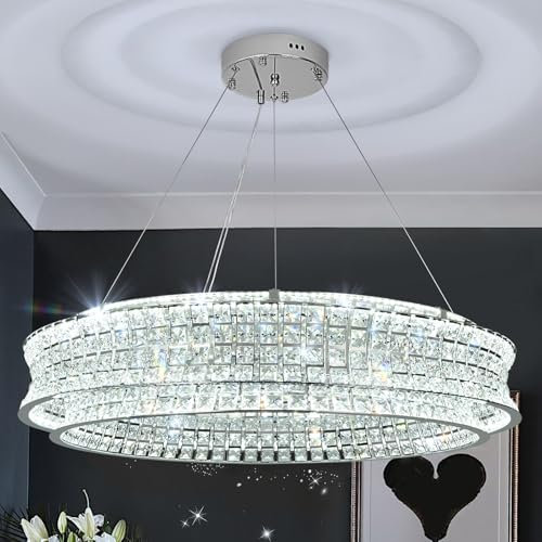 AOOCHOK Modern Crystal Chandelier for Living Room, LED Chrome Pendant Lights, Round Crystal Hanging Lamp for Dining Room, Bedroom, Restaurant, Kitchen Island, Φ80cm
