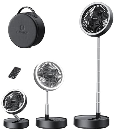 gaiatop Portable Pedestal Fan 16000mAh Power Bank [Max 74h Runtime], Foldable Oscillating Standing Fan, Collapsible Desk Fans, LED Light, Case & Remote Control, Outdoor Travel Camping Office, Black