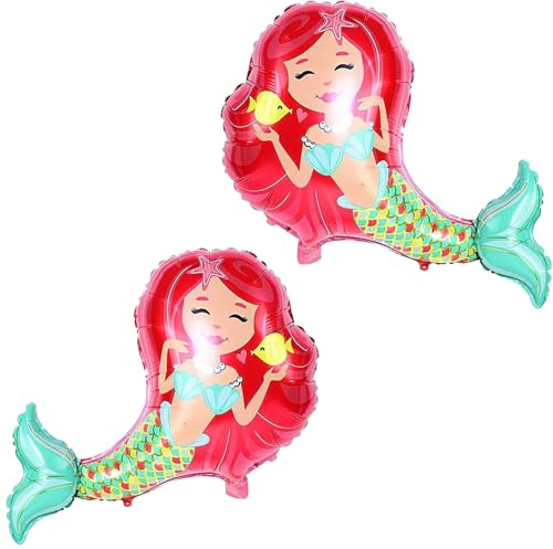 Gleemix 2 PCS Luftballon Meerjungfrau Geburtstag Deko, Folienballon Mermaid | 2 Stück 3D Rot Pinata Meerjungfrau Luftballon, Meerjungfrau Helium Ballons, Mädchen Geburtstags Festival Ozean Themen Party