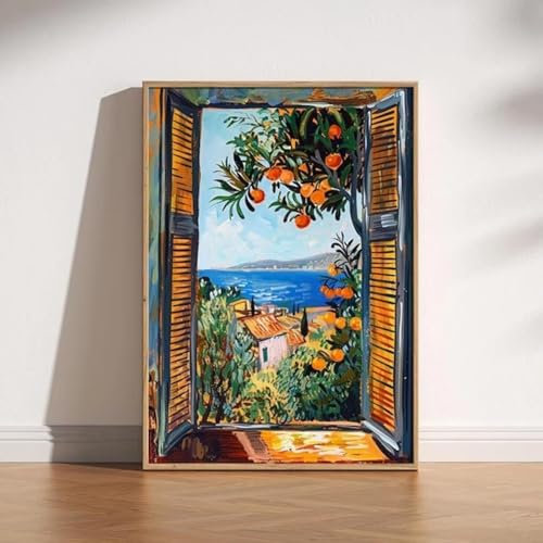 LZJAGXX Stampa su tela Finestra aperta, dipinto in stile fauvista, quadro su tela con vista costiera e albero di arance sul Mar Mediterraneo, poster da parete 50x70 cm senza cornice