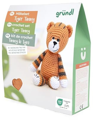 Gründl Häkelset Kuscheltier, Giraffe Gina, Esel Eddy, Robbe Robby oder Tiger Timmy, 14-18 cm, Komplettes Bastelset mit Anleitung (Tiger Timmy)