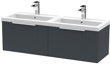Balterley Vanity Unit with Basin Wall Hung, 2 Drawer Soft Close with 2 Rectangular Sink and Handles, Bathroom Vanity Units with Basin, Fluted Front Sink Cabinet - 1205 x 383 x 399mm (Dark Grey)