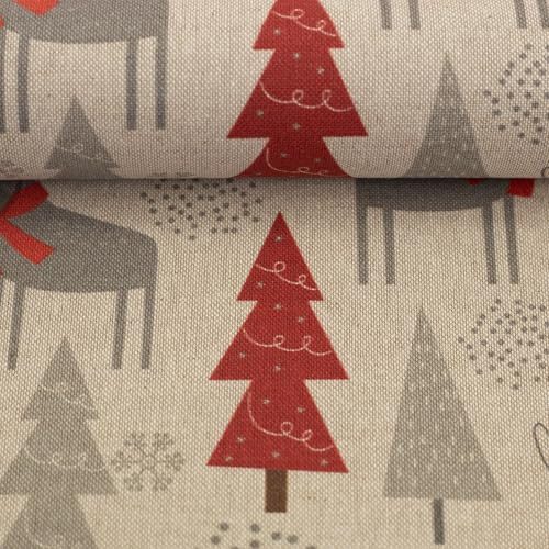 Dekostoff Canvas CHRISTMAS Leinenoptik - Meterware - Weihnachtsmotive - 5 Designs - ab 50cm - für Taschen, Kissen, Home Decoration (Tannenbäume, Hirsche)
