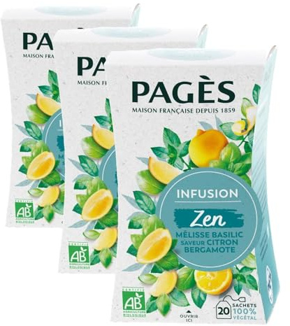 Pagès - Infusion BIO Zen - Mélisse, Basilic, Saveur Citron et Bergamote - Recette Apaisante - Boîte de 20 Sachets, 100% Végétal (Lot de 3)