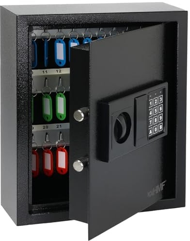 HMF Schlüsseltresor mit Zahlencode, Schlüsselsafe mit Elektronikschloss | 48 Haken | 36 x 30 x 10 cm | Schwarz