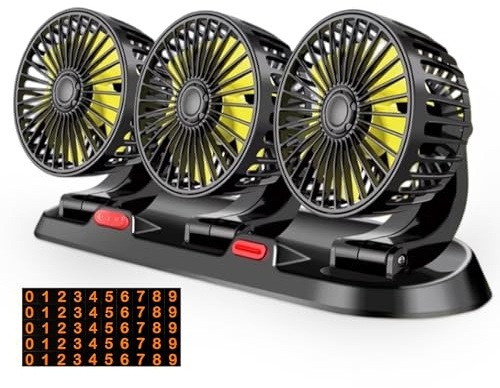 BAIFULAI Ventilatore da auto 12 V: ventilatore USB a tre teste a 360° con carta di parcheggio e presa accendisigari, ventilatore per auto in materiale PP per camion, camper, auto