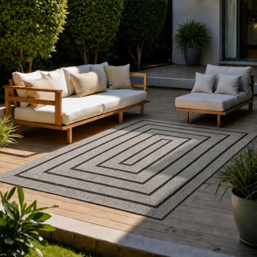 VIMODA Teppich In- & Outdoor Wetterfest – Balkon Terrasse Garten, Wohnzimmer & Küche -Waschbar,Farbe:Grau;Size:200x280 cm