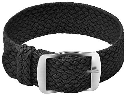 ULLCHRO Unisex Perlon Nylon Armband mit Edelstahl Silberne Schnalle 18mm Schwarz