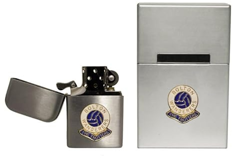 Bolton Wanderers football club stormproof petrol lighter and metal cigarette packet cover