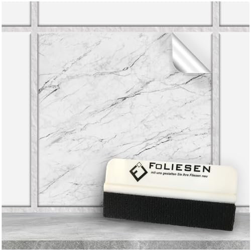FoLIESEN - Fliesenaufkleber 15x15 cm | selbstklebende Fliesen-Folie für Bad & Küche | Klebe-Folie für Wandfliesen & Küchenrückwände | 5 Klebefliesen + Rakel, .:Carrara - 15x15 cm