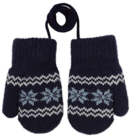 Kinder Winter Handschuhe Fäustlinge Baby Cartoon Fausthandschuh Halshandschuhe Dicke Doppelt Strickhandschuh mit Plüsch,0-3 Jahre alt, Spielen, Laufen, Skifahren Bedarf (Schneeflocke Marine)