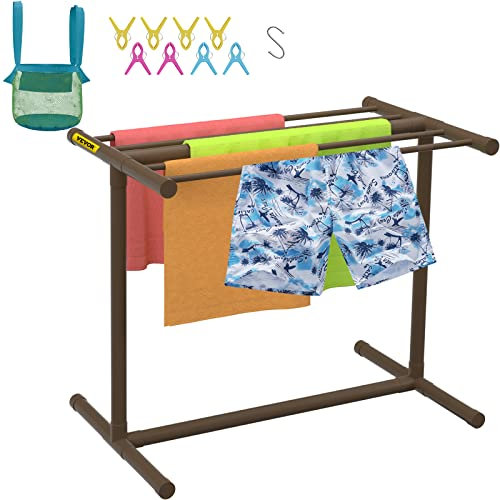 VEVOR Porte-Serviettes de Piscine, 5 Barres, Marron, Organisateur de Rangement Autoportant en Forme de T, avec Pinces, Sac et Crochet, pour Ranger Flotteurs et Pagaies, Plage, au Bord de la Piscine