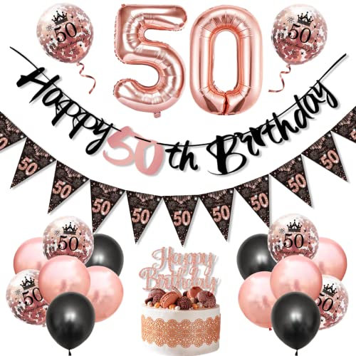50. Geburtstag Deko Frauen - Rosegold-Schwarz Luftballons mit Wimpelkette und Banner, Happy Birthday Girlande, Konfetti und Luftballons