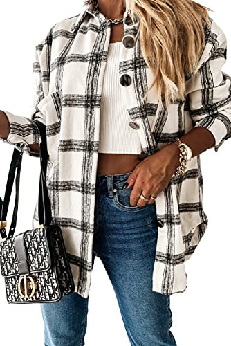HVEPUO Veste chemise à carreaux Shacket à manches longues Chemisier Manteau en flanelle, a-noir, M