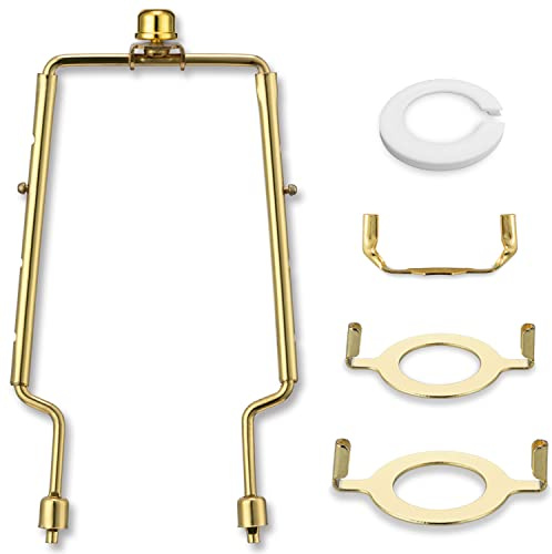 Lamp Shade Holder, 7 8 9 10 inch Adjustable Lamp Harp, Hardware Parts Included Brass Harp Frame and Finials, Standard Saddle, E14 E26 E27 Light Base UNO Fitter Adapter, Lamp Bracket Accessories (Gold)
