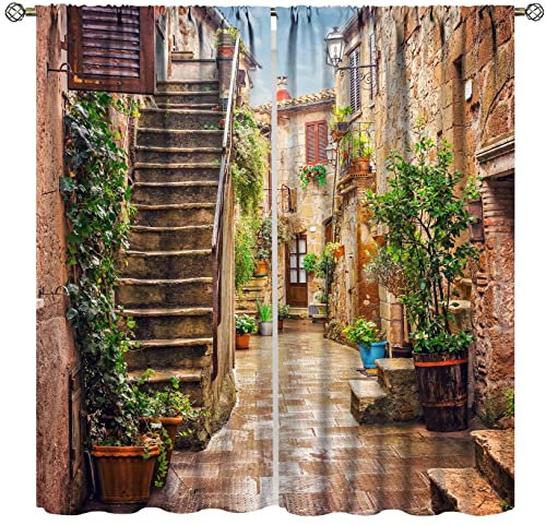 Italienische Vorhänge, Blick auf alte mediterrane Straße, Steinhäuser in Italien, Stadt, ländlicher Druck, Wohnzimmer, Schlafzimmer, Verdunkelungsstange, Tasche, Fenster, Vorhänge, 2 Paneele, 107 x