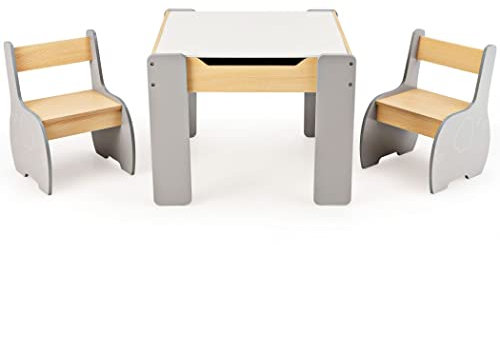 COSTWAY Kids Table and Chair Set, Wooden Children Study Desk with 2 Chairs, Reversible Blackboard Tabletop & Hidden Storage, 3PCS Toddler Activity Furniture for Learning, Drawing, Dining (Gray)