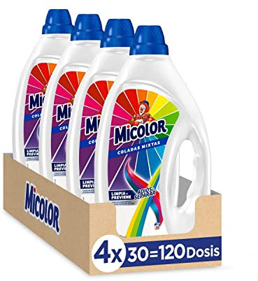 Micolor Gel Adiós Al Separar (pack de 4, total: 120 lavados), detergente líquido para lavadora con tecnología antitransferencia de colores, jabón para ropa de color