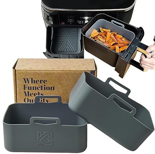 Premium 4-Pc Silicone Air Fryer Liner Set, Custom Made Air Fryer Liners for Ninja Dual 9.5L, 2 Large Ninja Air Fryer Liners and 2 Mitts Air Fryer Accessories by Kitchen Curated