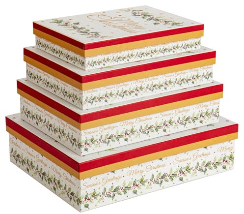 4PCS Christmas Rectangle Gift Boxes with Lids, Nesting Assorted Sizes Xmas Gift Boxes for Presents, Wrapping Boxes Cardboard Gift box for Christmas, Festival, Birthday, Party, Gift Wrap, Jewellery