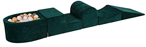 MEOWBABY Schaumstoff Bausteine Kinder - Bausteine XXL aus Schaumstoff mit Bällebad und 100 Bälle für Kinder - Baby Softbausteine zum Klettern, Samt, Dunkelgrün