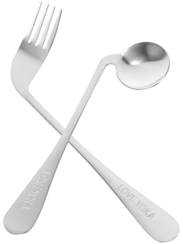 Rehabilitation Aid Spoon Left Handed Grip Easy Offset Spoon Fork 2pcs Stainless Steel Angled Adaptive Utensils Cutlery for Hand Tremors Elderly Auxiliary Angled Fork