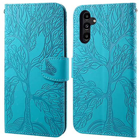 Aisenth Handyhülle für Samsung Galaxy A14 5G/A14, Baum Muster Leder Handytasche Brieftasche Klapphülle Etui Wallet Flip Case Schutz Hülle mit Kartenfächer, Aufstellfunktion -Blau Grün