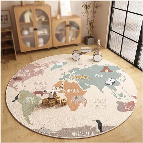 WOLWES Runder Teppich mit runder Weltkarte für Kinder, Baumwollboden(B,80cm/31in/2.6ft)