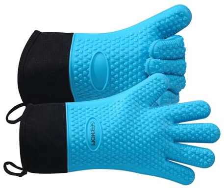 GEEKHOM Silicone Oven Gloves Heat Resistant Silicone Oven Mitts BBQ Gloves Waterproof Kitchen Gloves for Barbecue Grilling Weber Microwave, Non-Slip Oven Gloves with Fingers, Aqua Blue