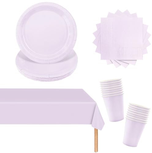 POPOYU 53 Pezzi Stoviglie per Feste di Compleanno Viola Chiaro, Stoviglie Carta Set, Piatti di Carta Tovaglioli Bicchiere di Carta Stoviglie Tovaglia per Compleanni, Matrimoni, Decorazioni Natalizie