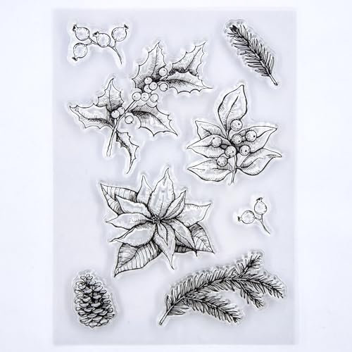 DDOUJOY Frohe Weihnachten Blätter Blumen Tannenzapfen Tannenzweig Hintergrund Klar Stempel für Kartenherstellung Dekoration und DIY Scrapbooking 3090928