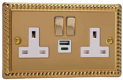 Varilight Double Switched Socket With USB A+C Charging - Classic Georgian Brass With Brass/White Insert