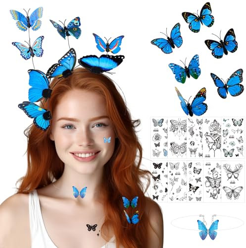 IWTBNOA Schmetterling Haarreif Damen, Schmetterling Fascinator Stirnband Haarband, Schmetterling Kopfschmuck mit 10 Stück Schmetterling Tattoo für Damen Mädchen Karneval Fasching Party Cosplay