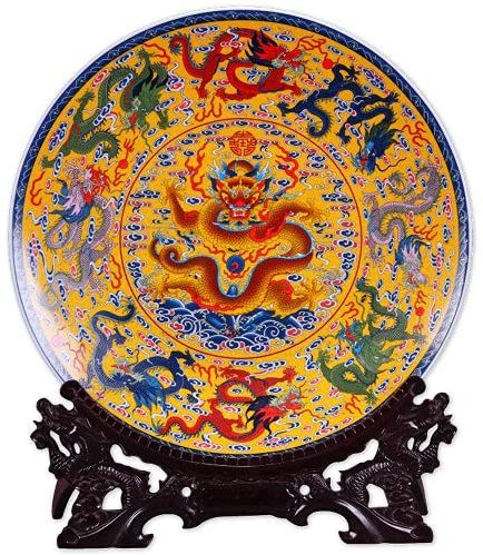 CekoCk Piatti Decorativi da Appendere in Ceramica, Piatti Decorativi da Appendere alla Parete, Piatto Decorativo in Ceramica Fengshui da 26 cm, con Motivo a Nove Draghi,